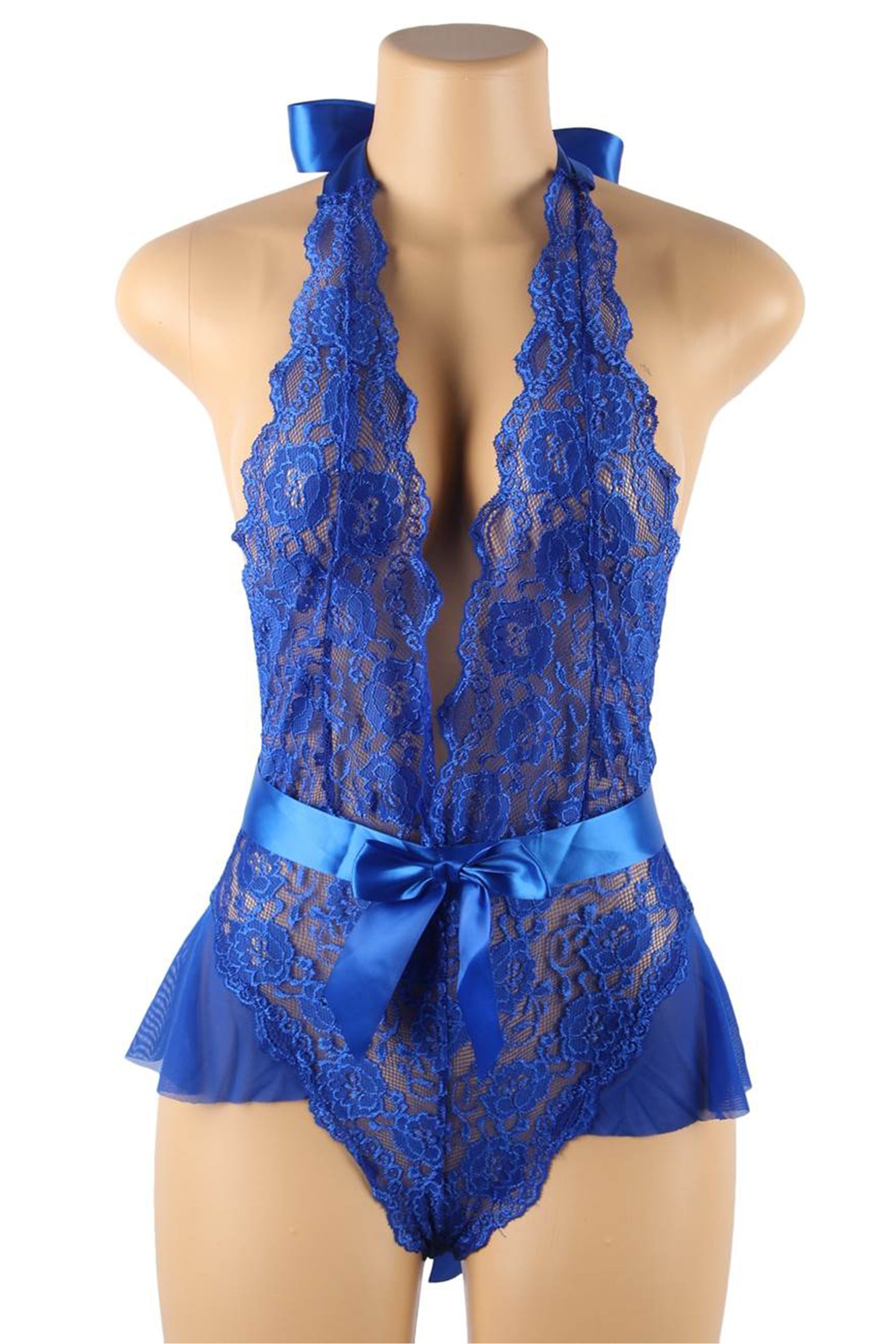 Ruffle Teddy With Satin Belt, Halter V Neckline Lingerie