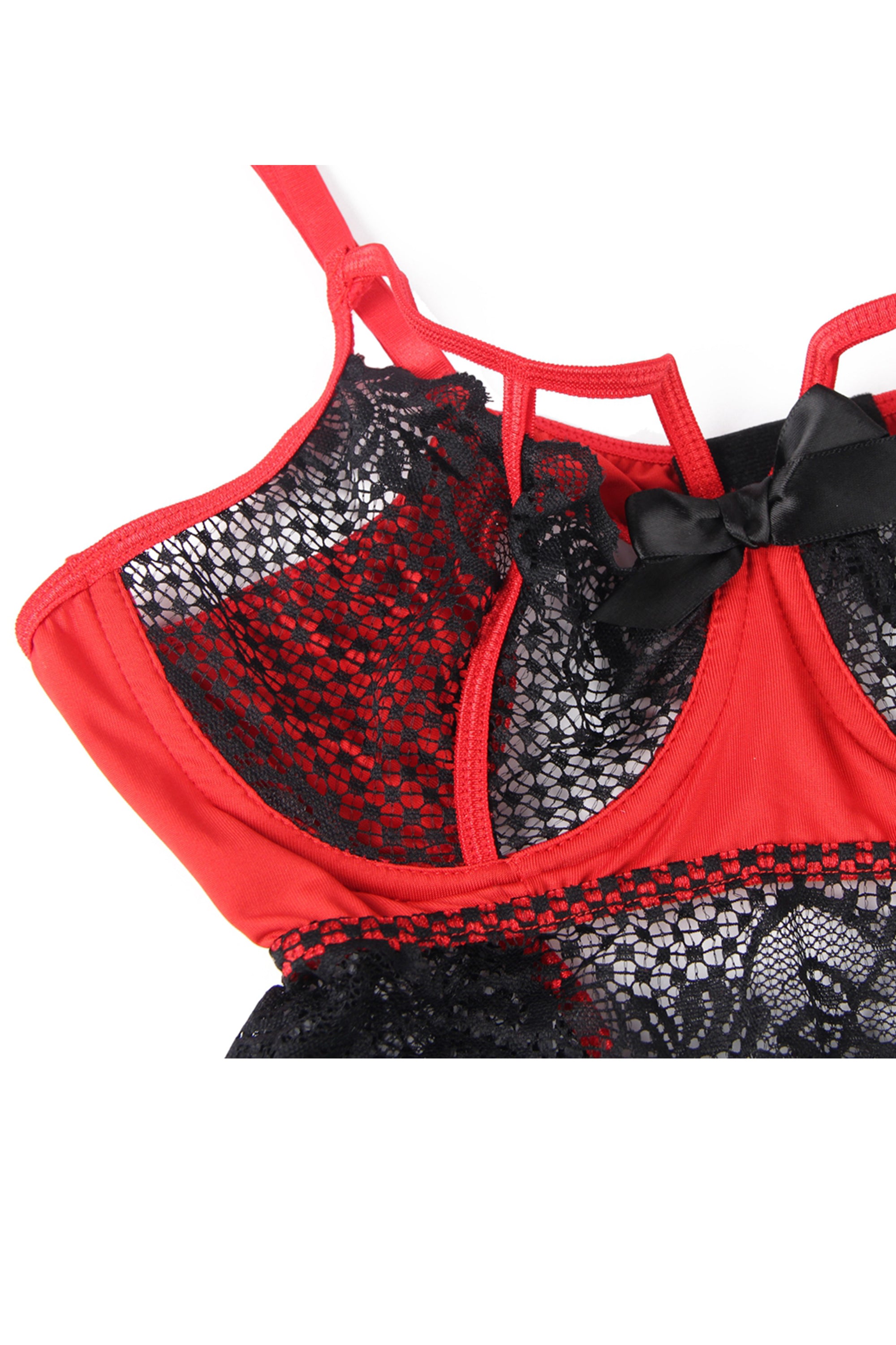 Black Red Short Lace Babydoll with Underwire