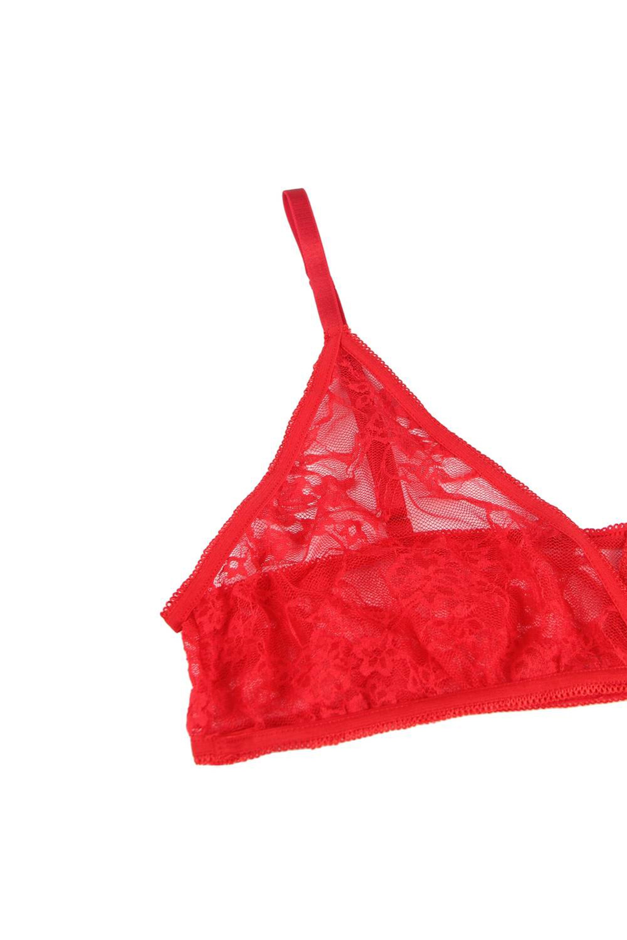 طقم لانجري نسائي سنتيانه و سروال مع قفازات حتى الأكواع مصنوع من الدانتيل الأحمر