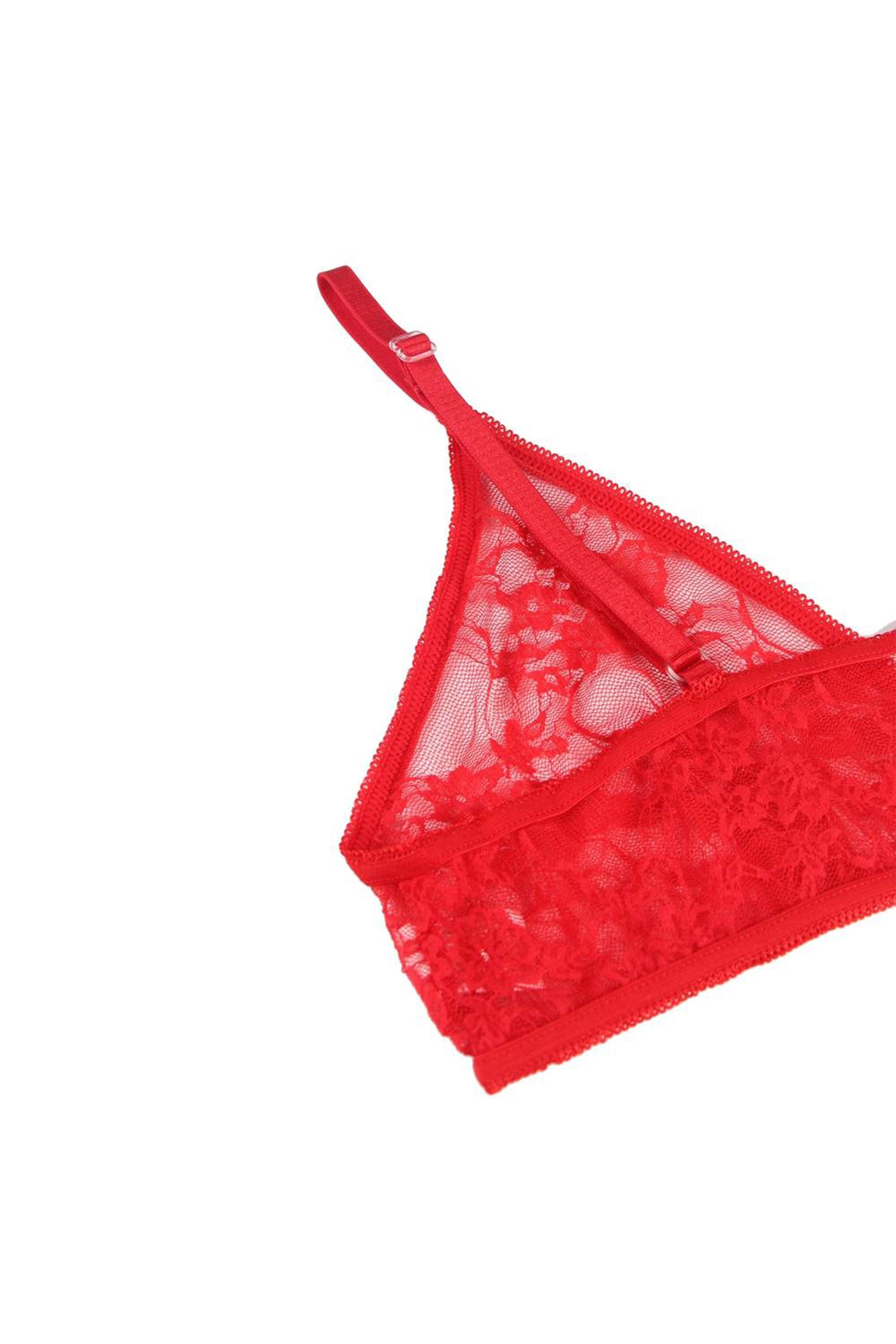 طقم لانجري نسائي سنتيانه و سروال مع قفازات حتى الأكواع مصنوع من الدانتيل الأحمر