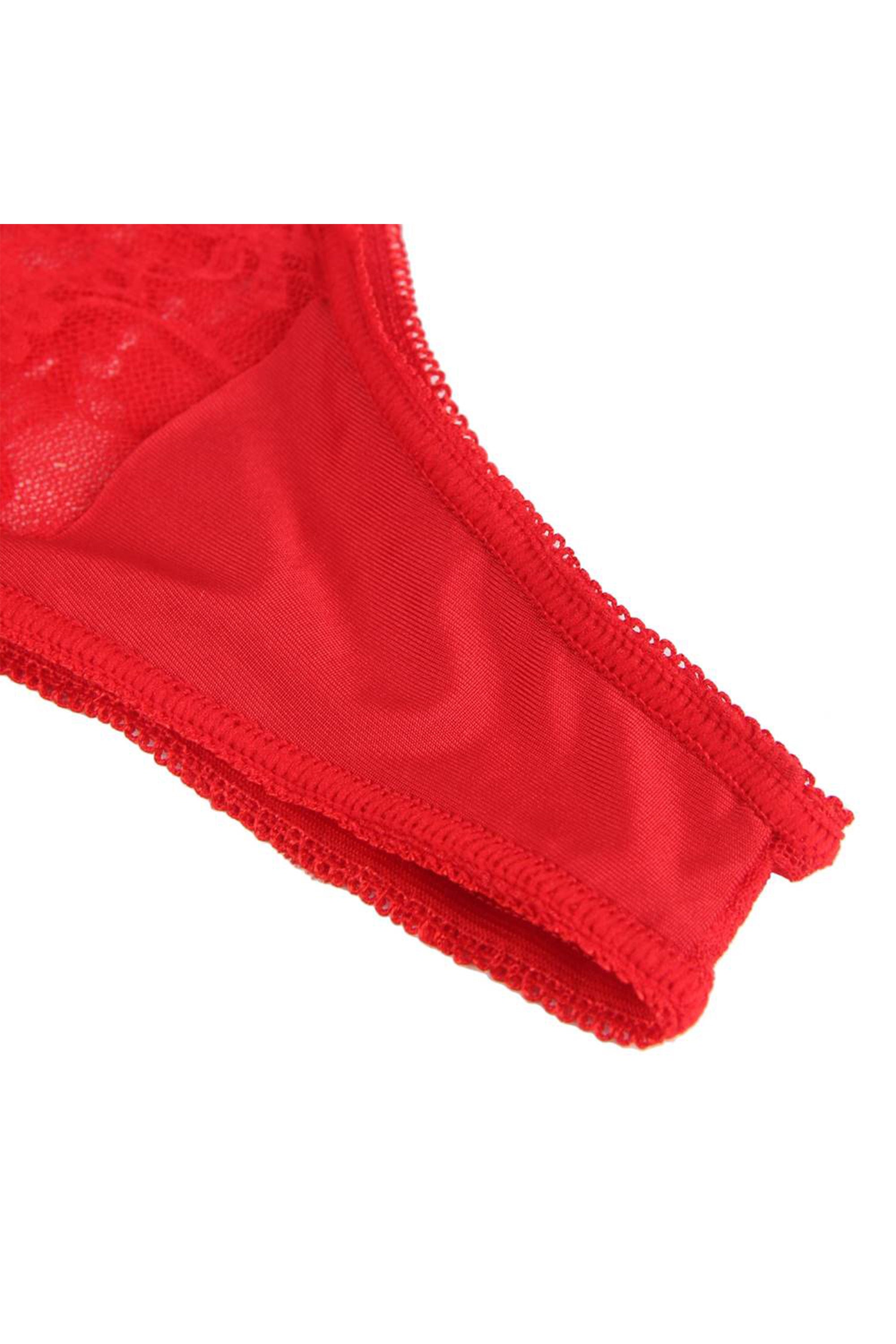 طقم لانجري نسائي سنتيانه و سروال مع قفازات حتى الأكواع مصنوع من الدانتيل الأحمر