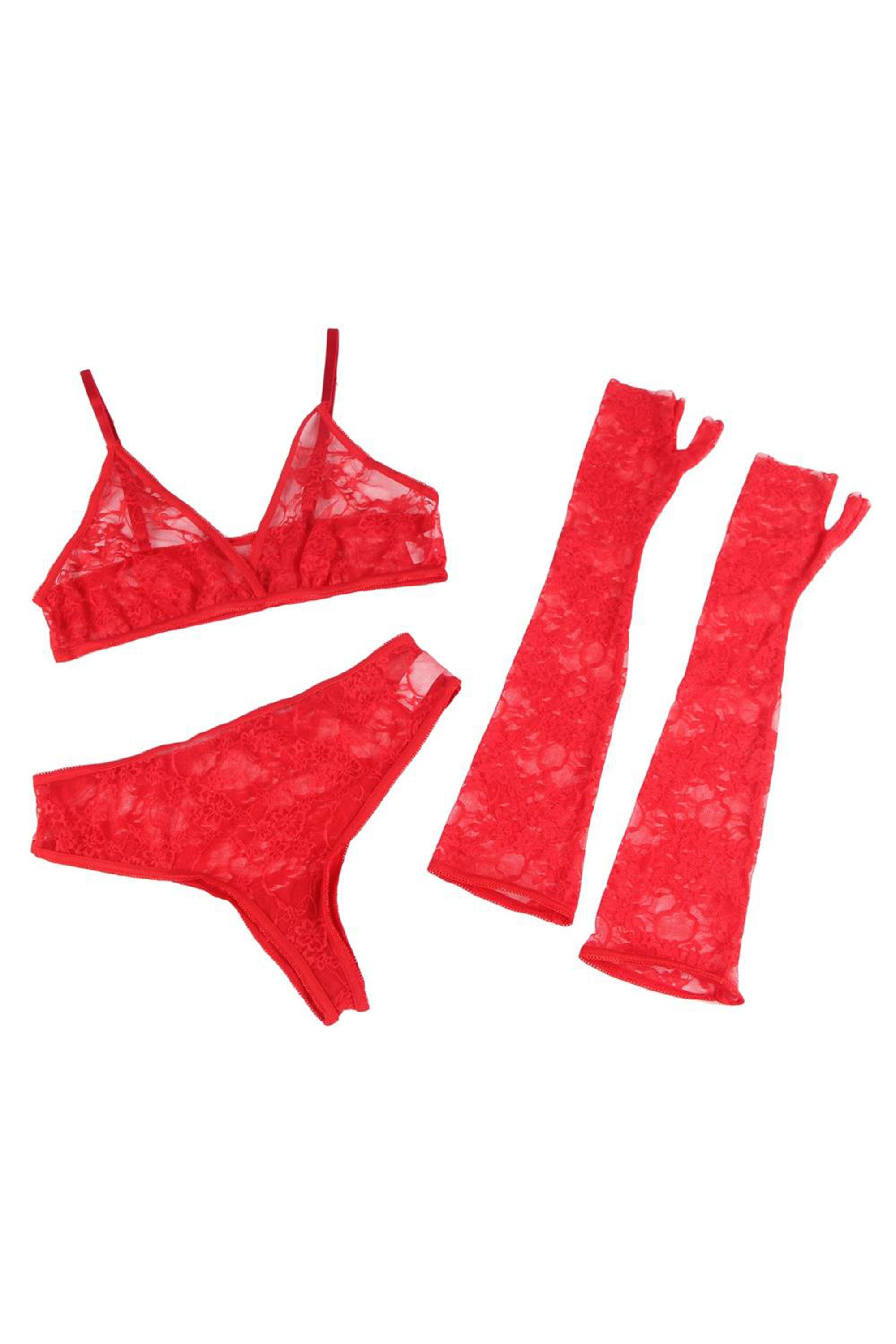 طقم لانجري نسائي سنتيانه و سروال مع قفازات حتى الأكواع مصنوع من الدانتيل الأحمر