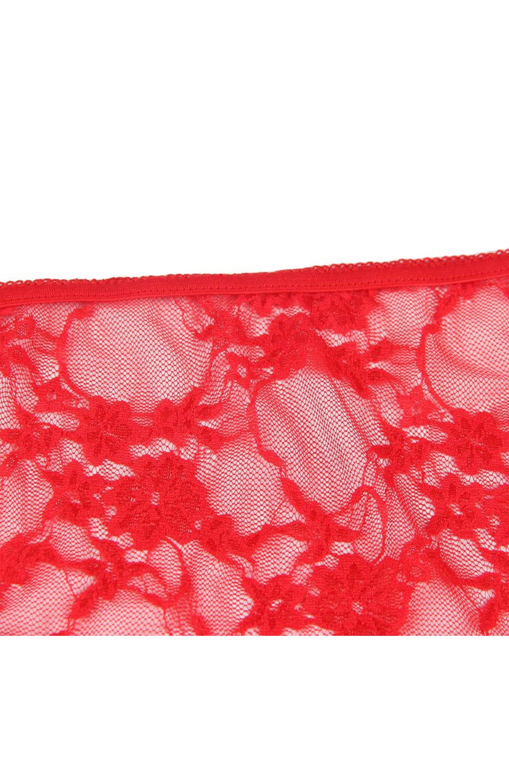 طقم لانجري نسائي سنتيانه و سروال مع قفازات حتى الأكواع مصنوع من الدانتيل الأحمر