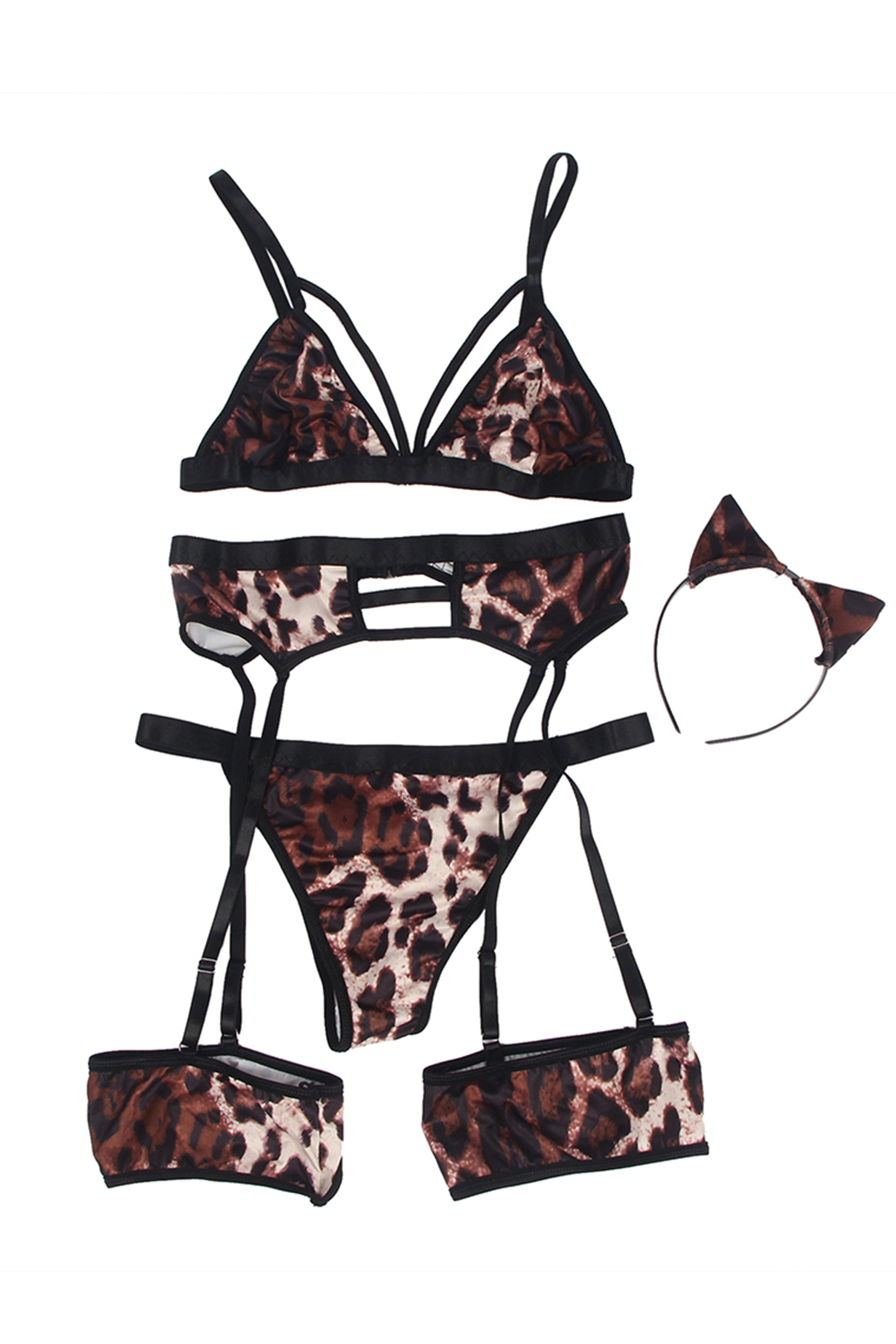 طقم ملابس داخلية نسائية تايغر مكون من سروال وصدرية وحزام للخصر موصول مع حلقات للأرجل وأحزمة تعليق للشرابات. مصنوع من خامة متينة لضمان راحة أكبر، يتميز ببكلات على شكل 9 لسهولة الارتداء والتعديل، بالإضافة إلى طوق شعر متناسق ومكمل للإطلالة.