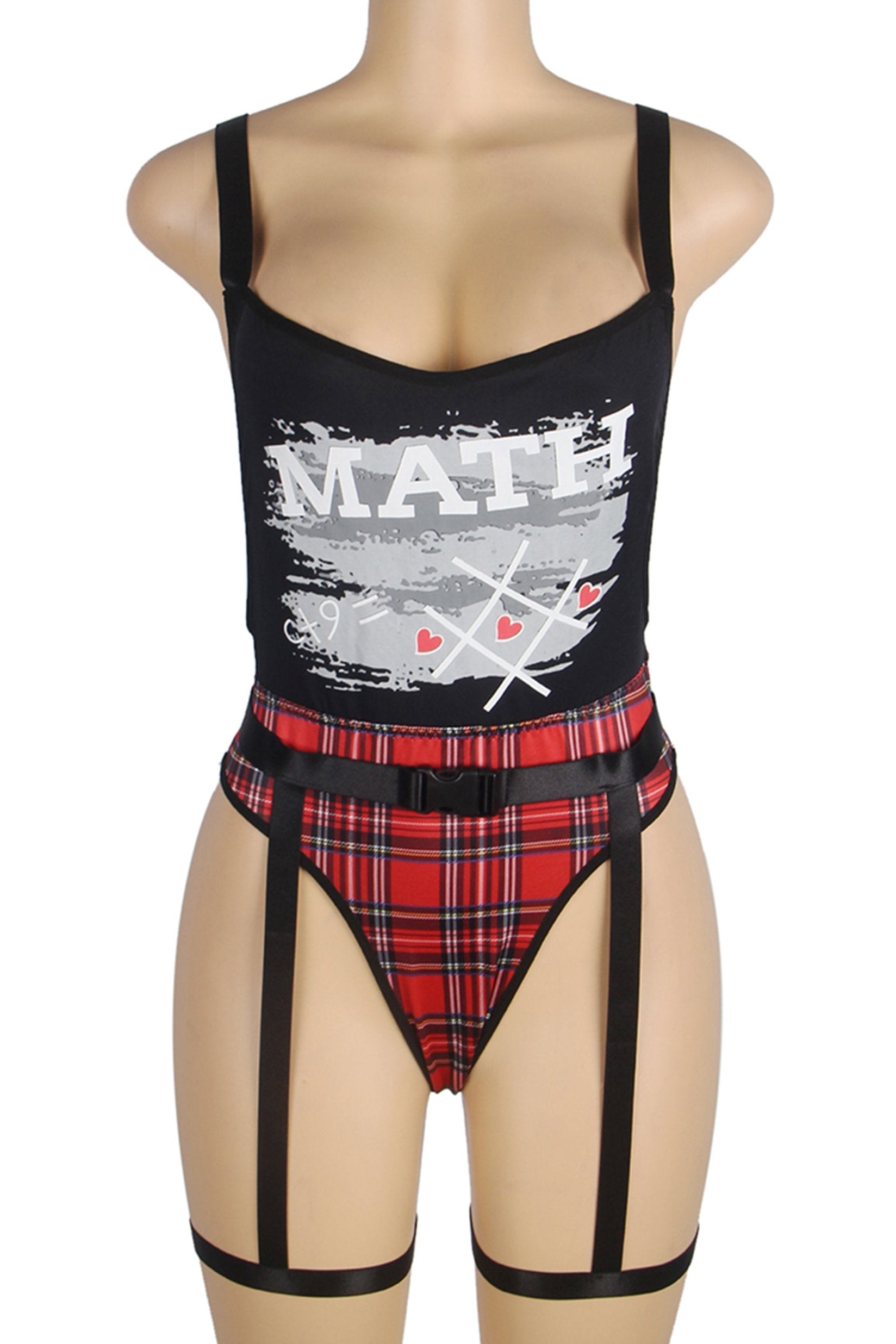 Black Double Shoulder Straps Red Plaid Bodysuit Costume with Waist Belt