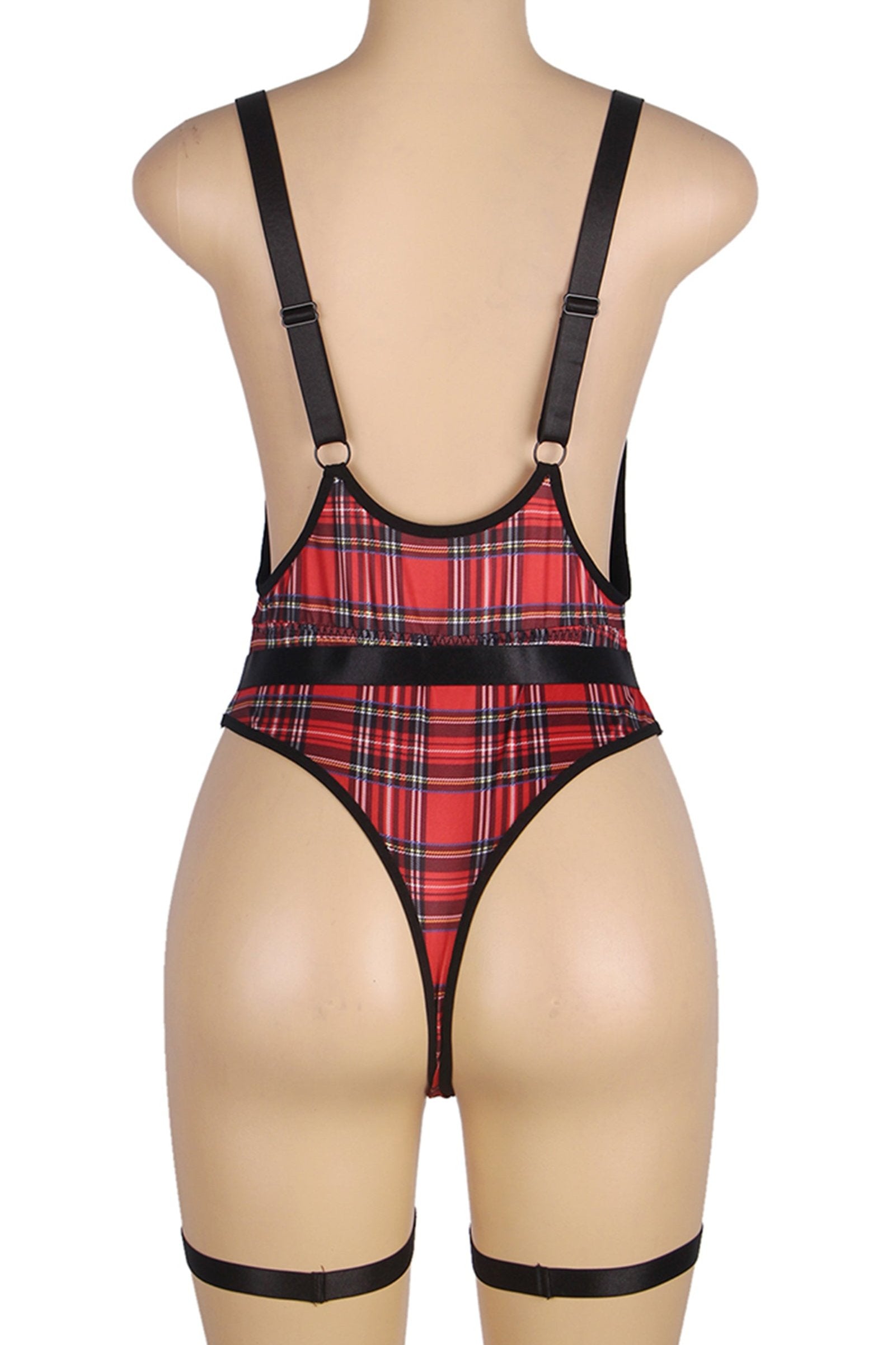 Black Double Shoulder Straps Red Plaid Bodysuit Costume with Waist Belt