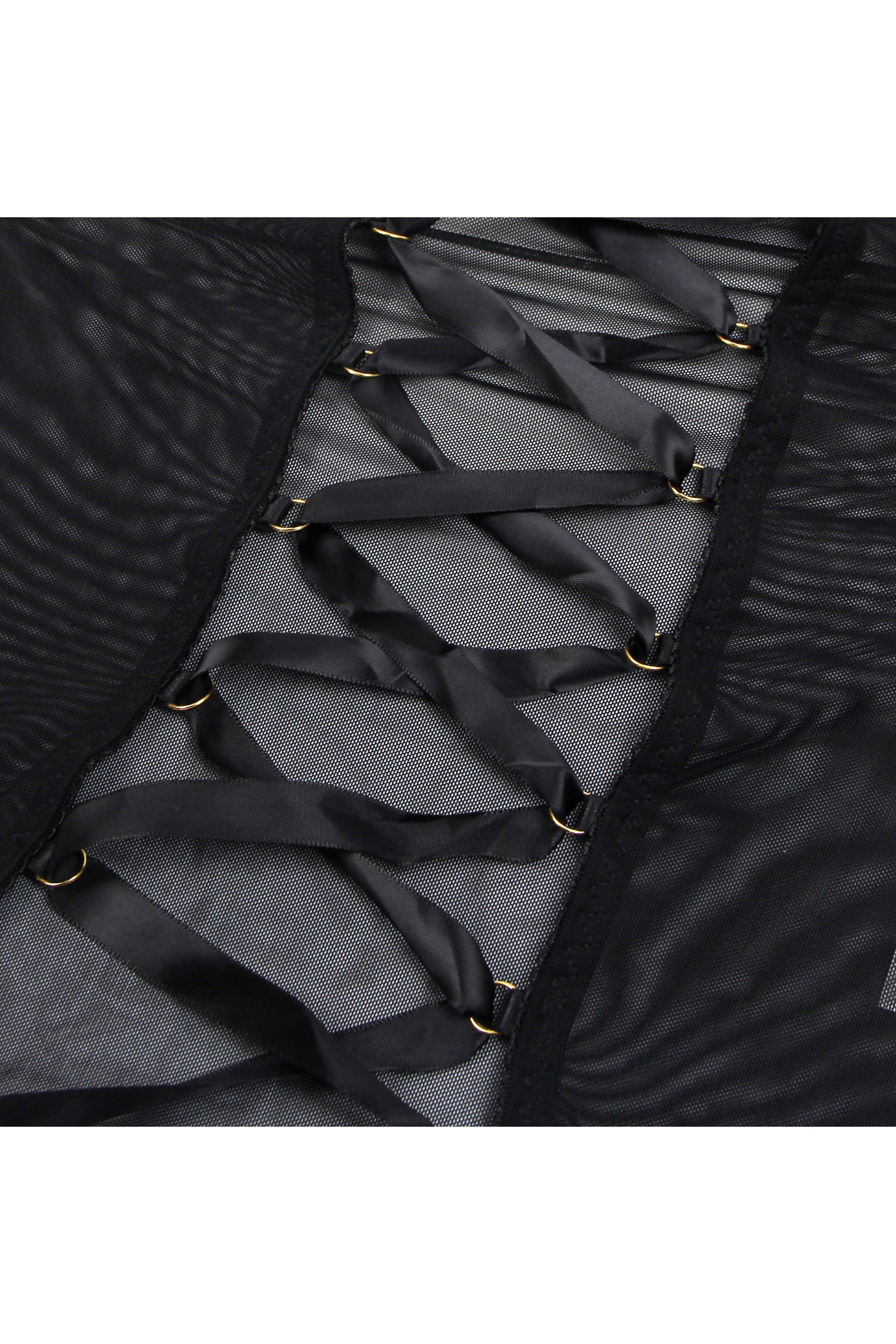 Black Mesh Strappy Lingerie With A Lace-Up Back