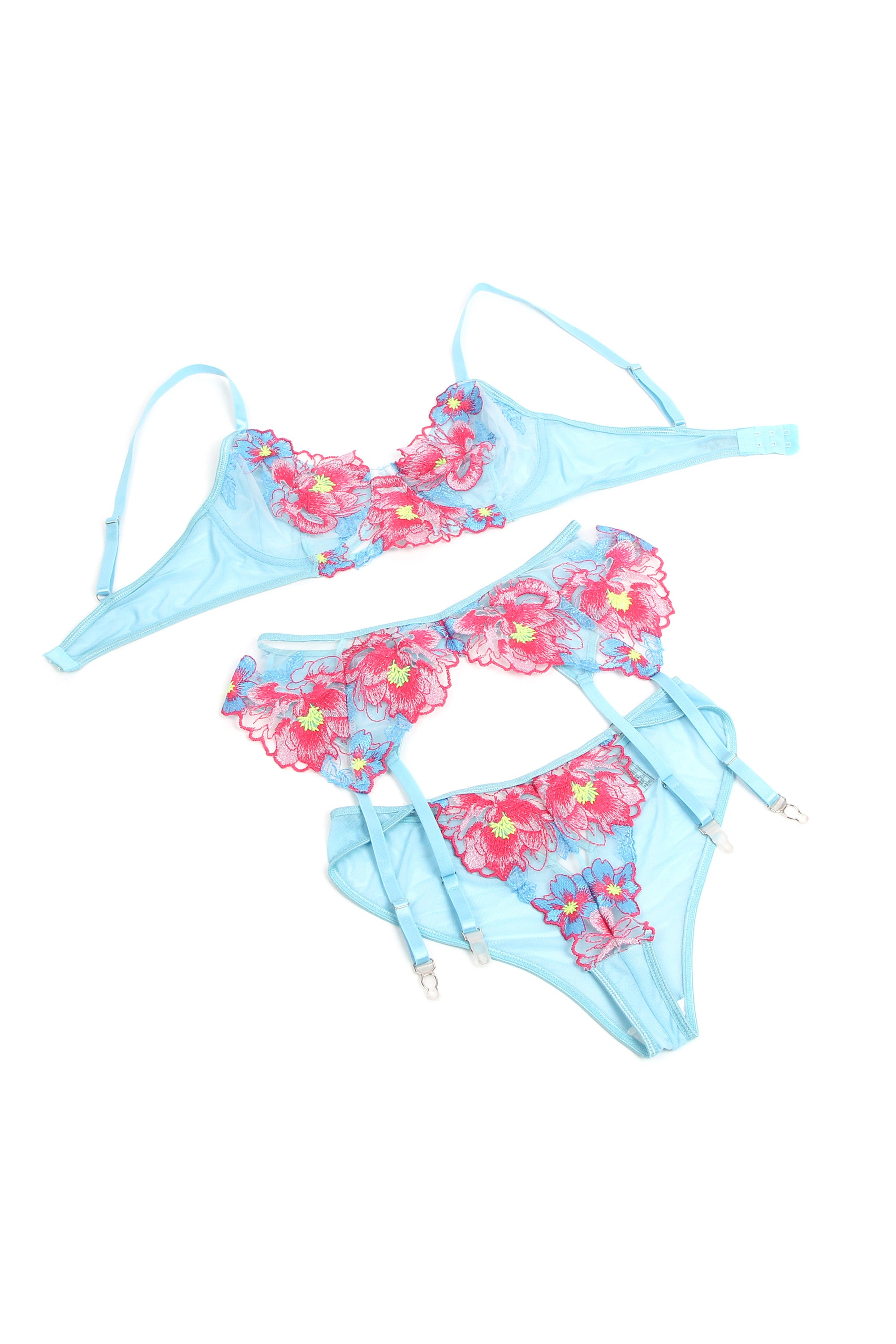 Floral Embroidery Underwire Garter Lingerie Set