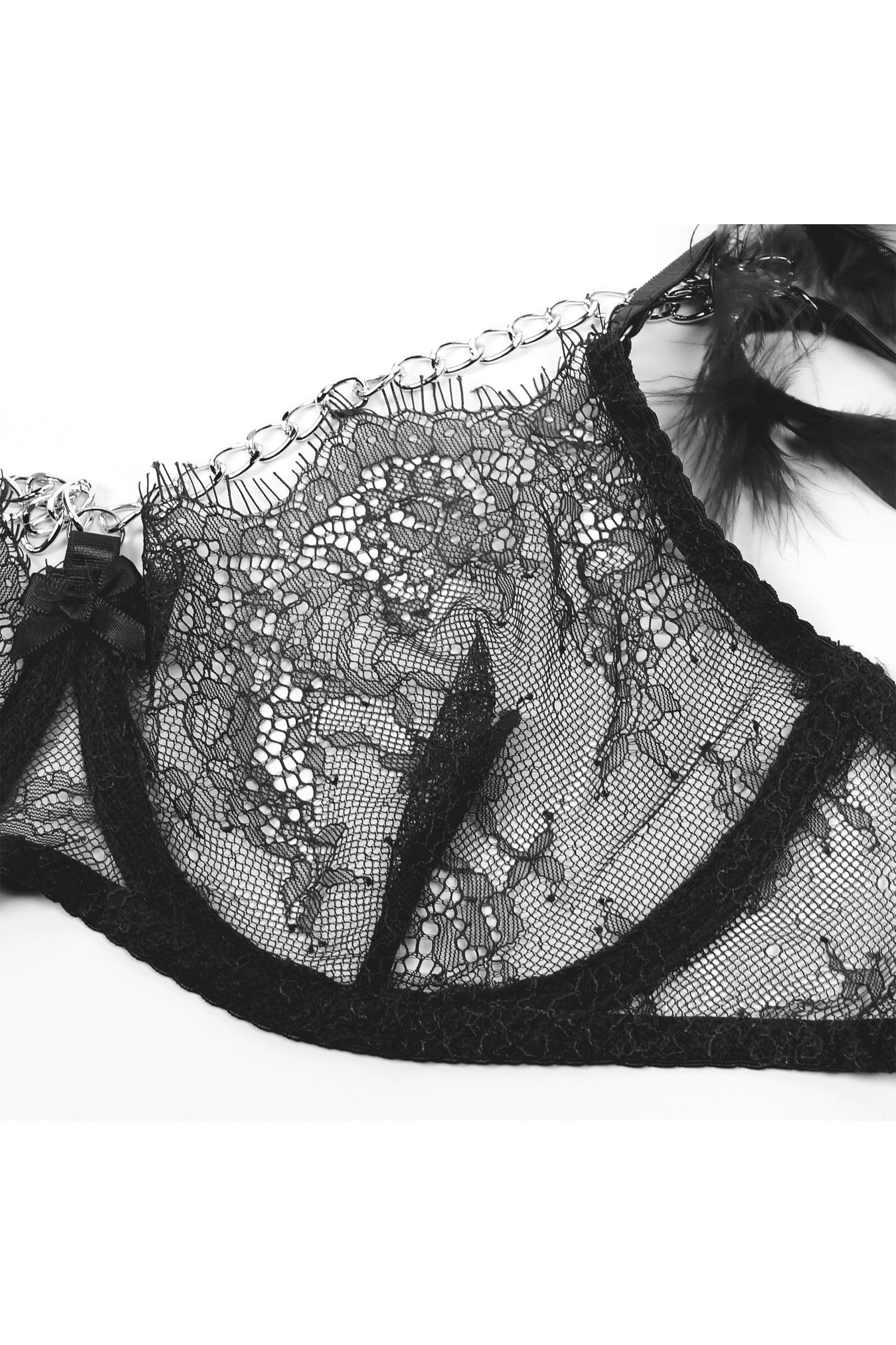 طقم بيبي دول لانجري نسائي دانتيل أسود مع شيفون نقشة تايغر مع سلاسل على الفتحات الجانبية