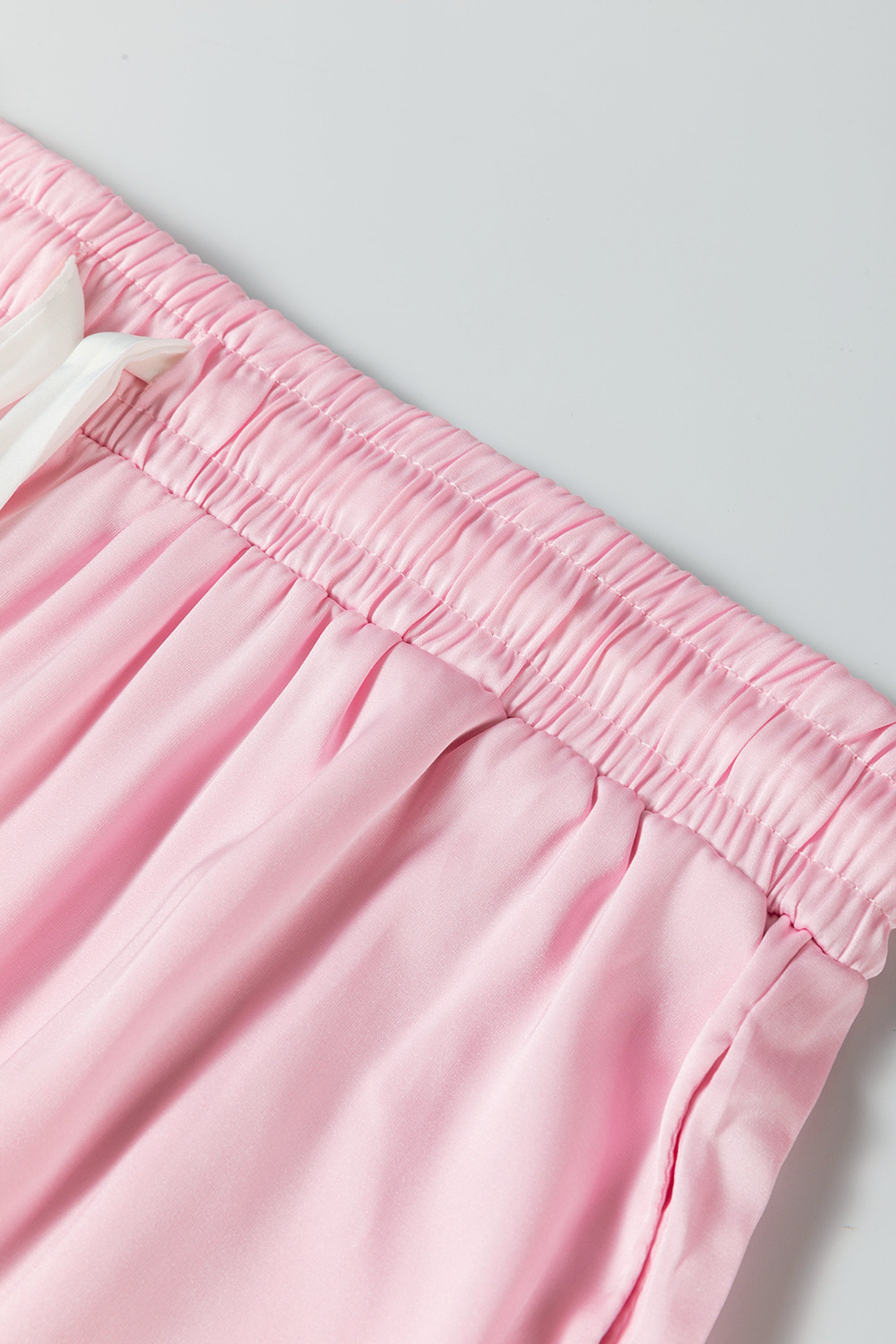 Light Pink Satin Bow Tie Accent, Ruffled, Shirt and Pants Pajama Set