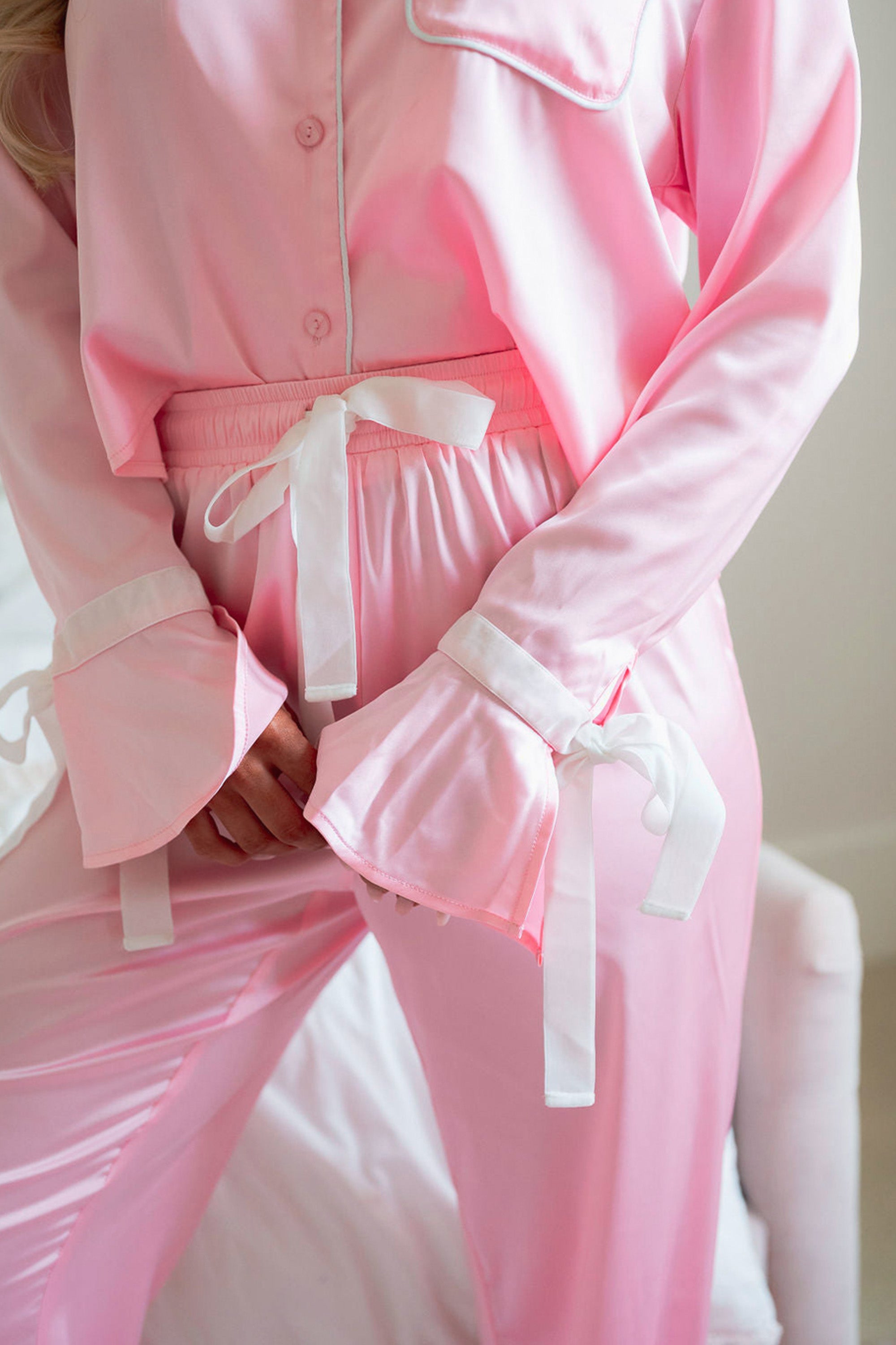 Light Pink Satin Bow Tie Accent, Ruffled, Shirt and Pants Pajama Set