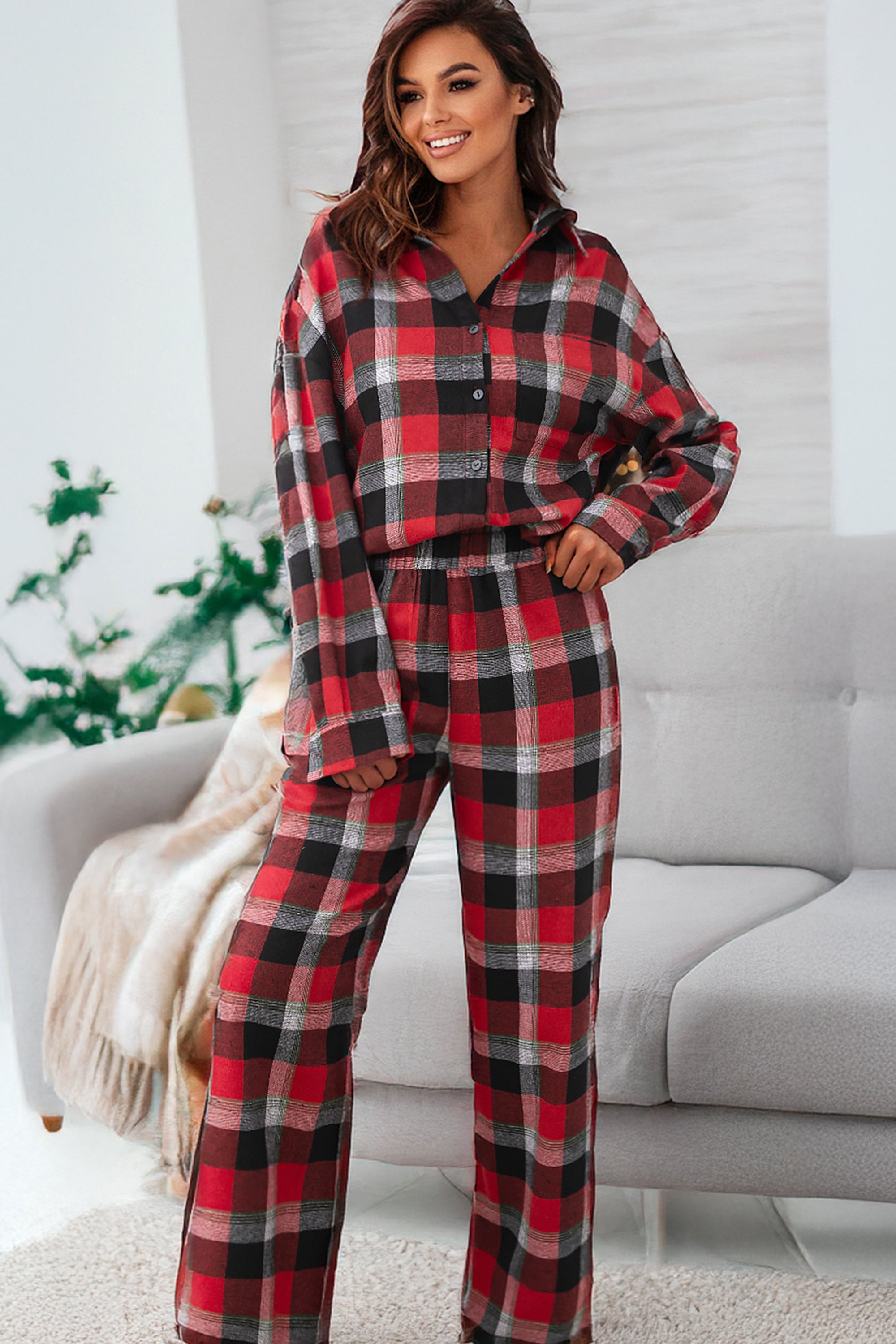 Checkered Pattern Loose Shirt and Pants Lounge Set