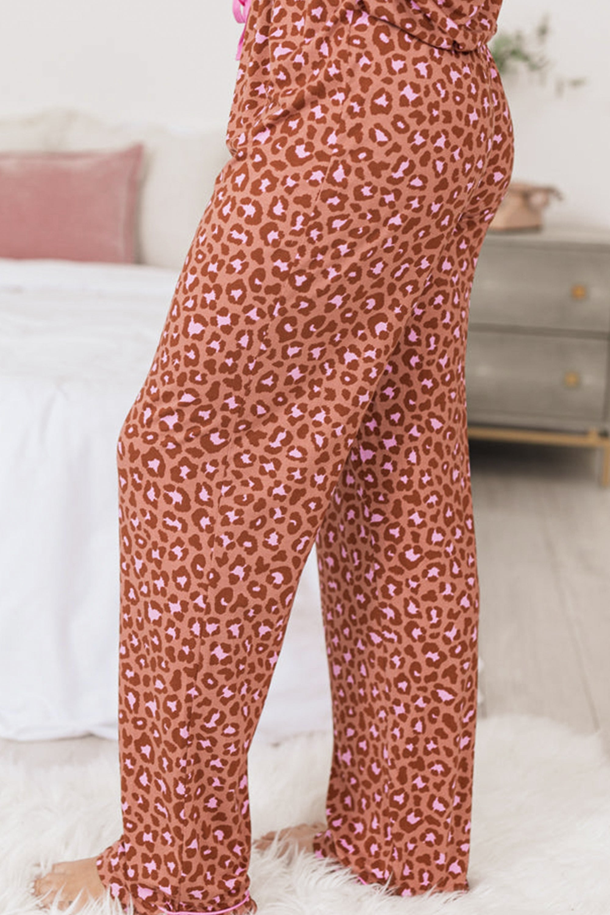 Leopard Print Short Sleeve Shirt and Pants Pajama Set