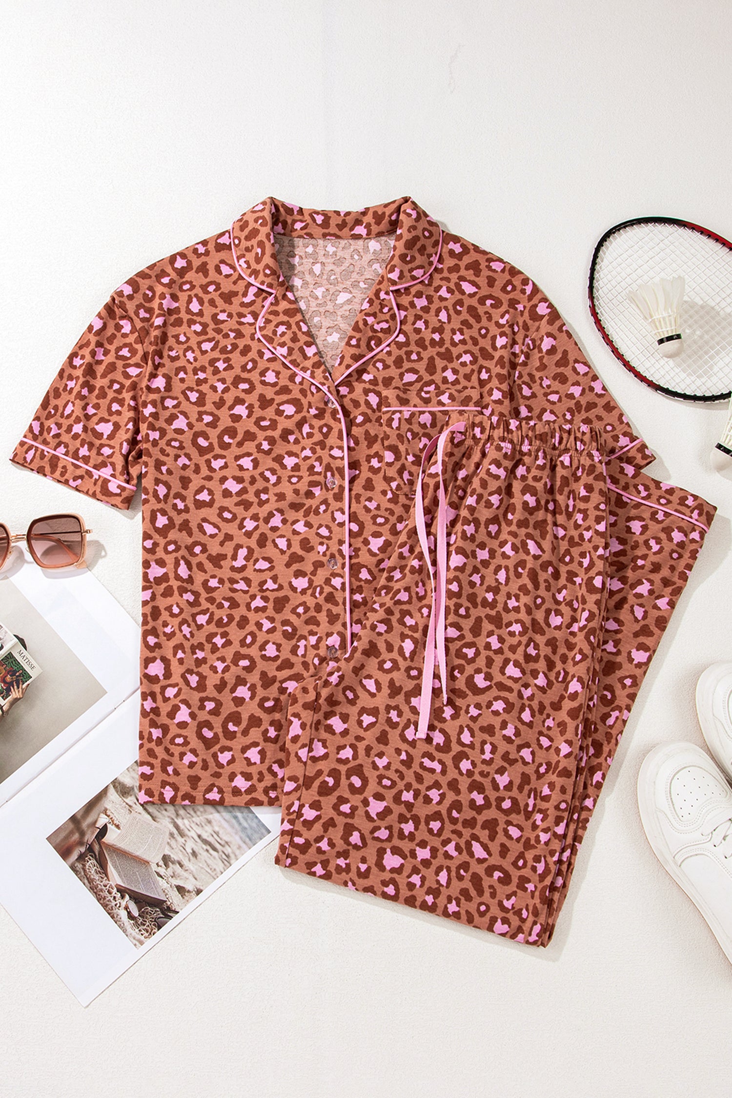 Leopard Print Short Sleeve Shirt and Pants Pajama Set