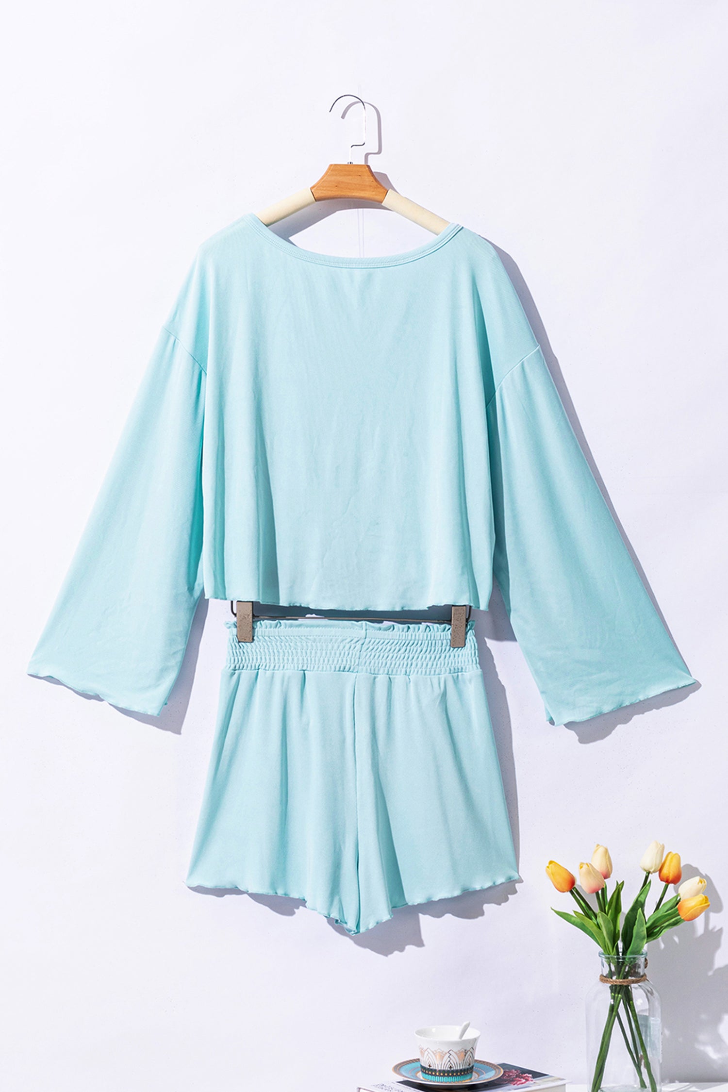 Long Sleeve Top & Shirred High Waist Shorts Pajama Set