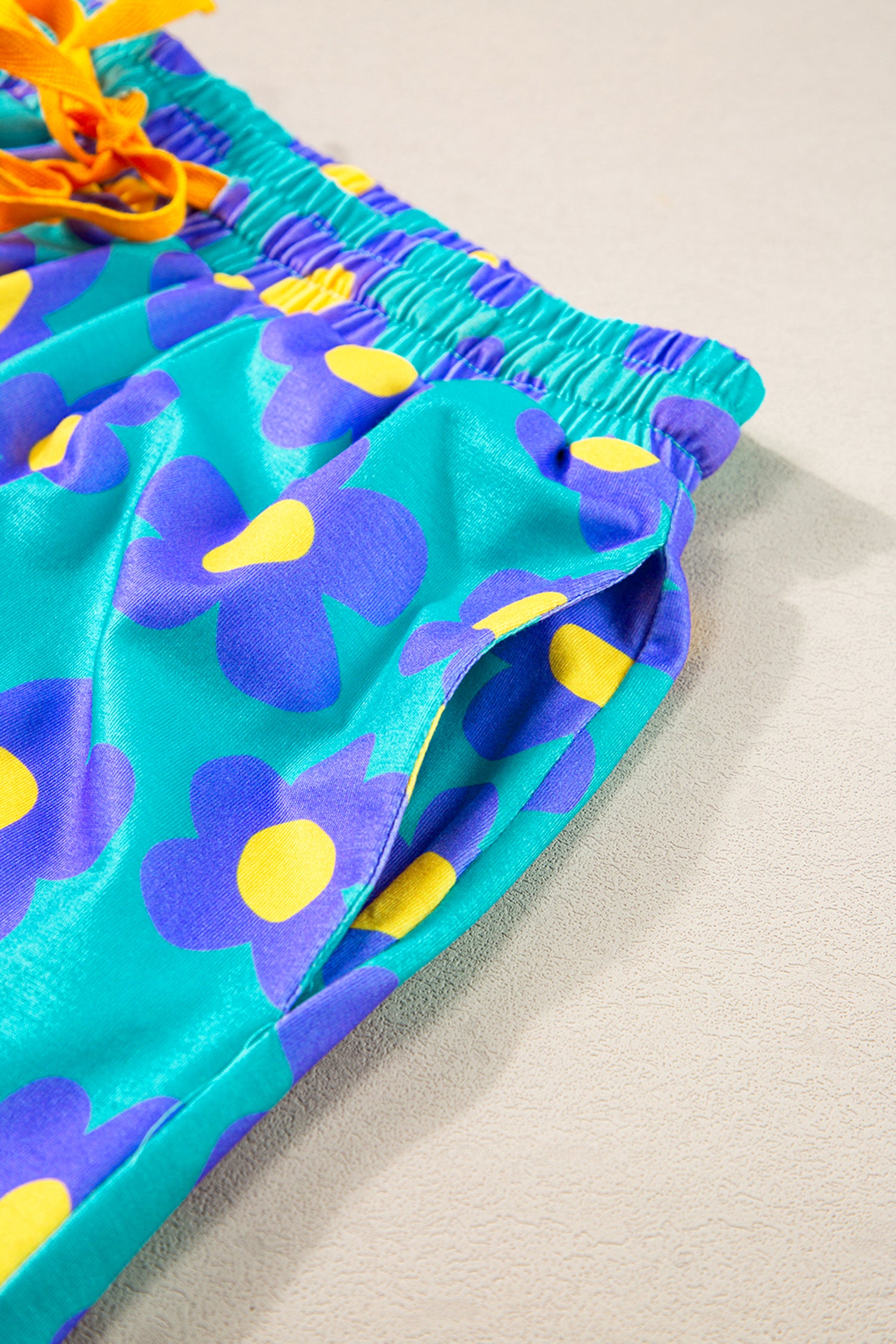 Turquoise Flower Print Short Sleeve Shirt and Shorts Pajama Set