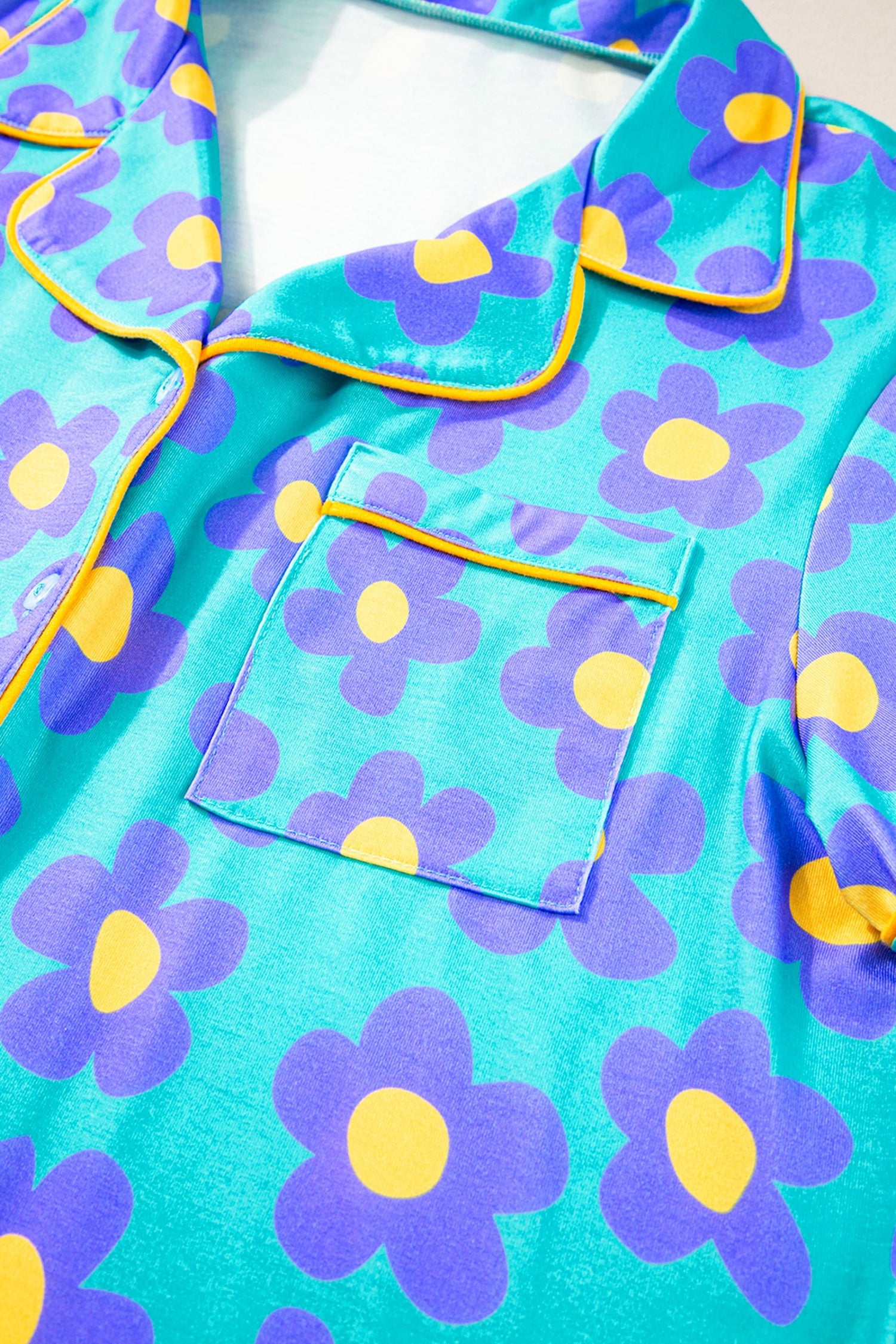 Turquoise Flower Print Short Sleeve Shirt and Shorts Pajama Set
