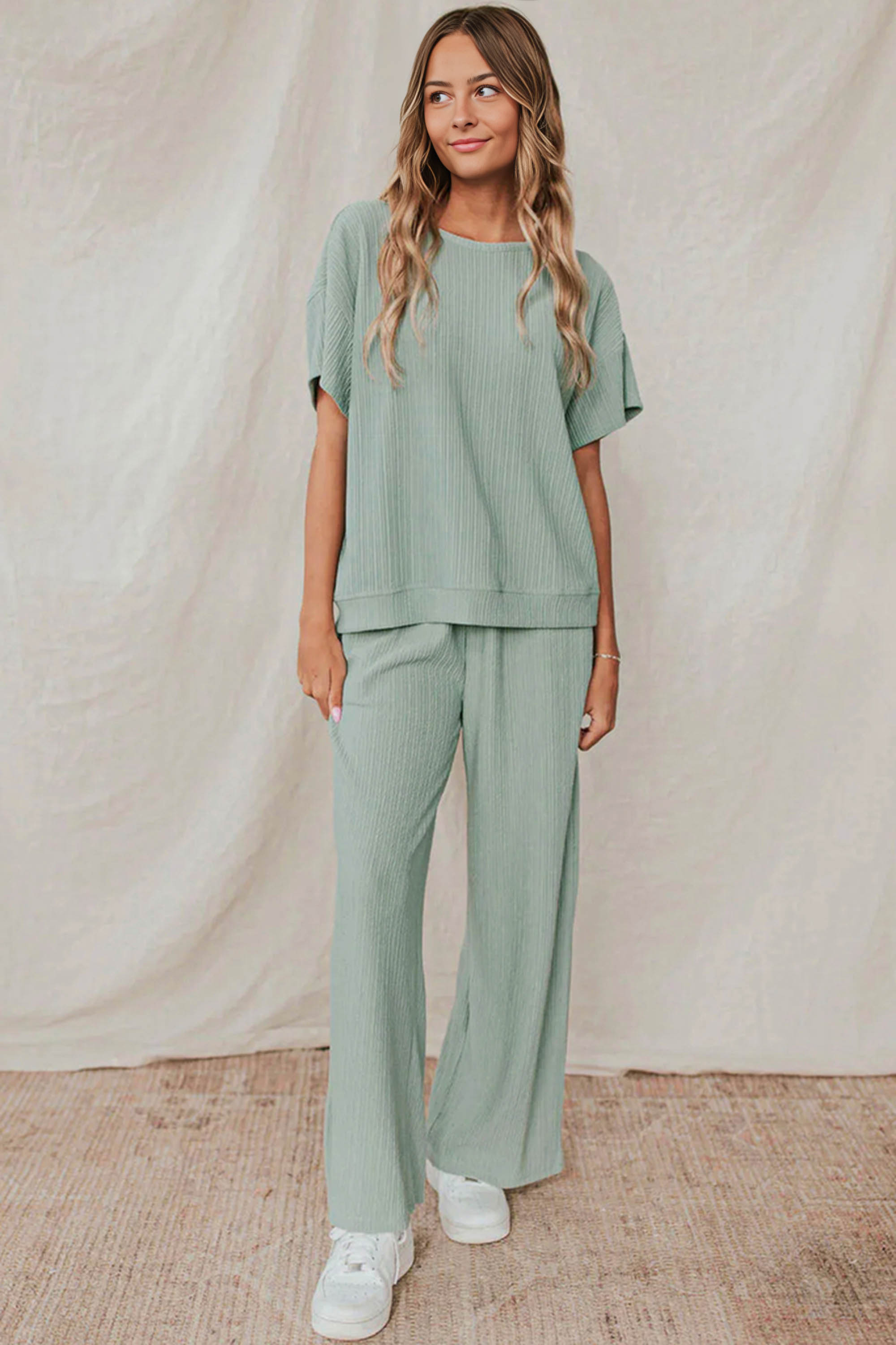 Textured Tee and Pants Lounge Set