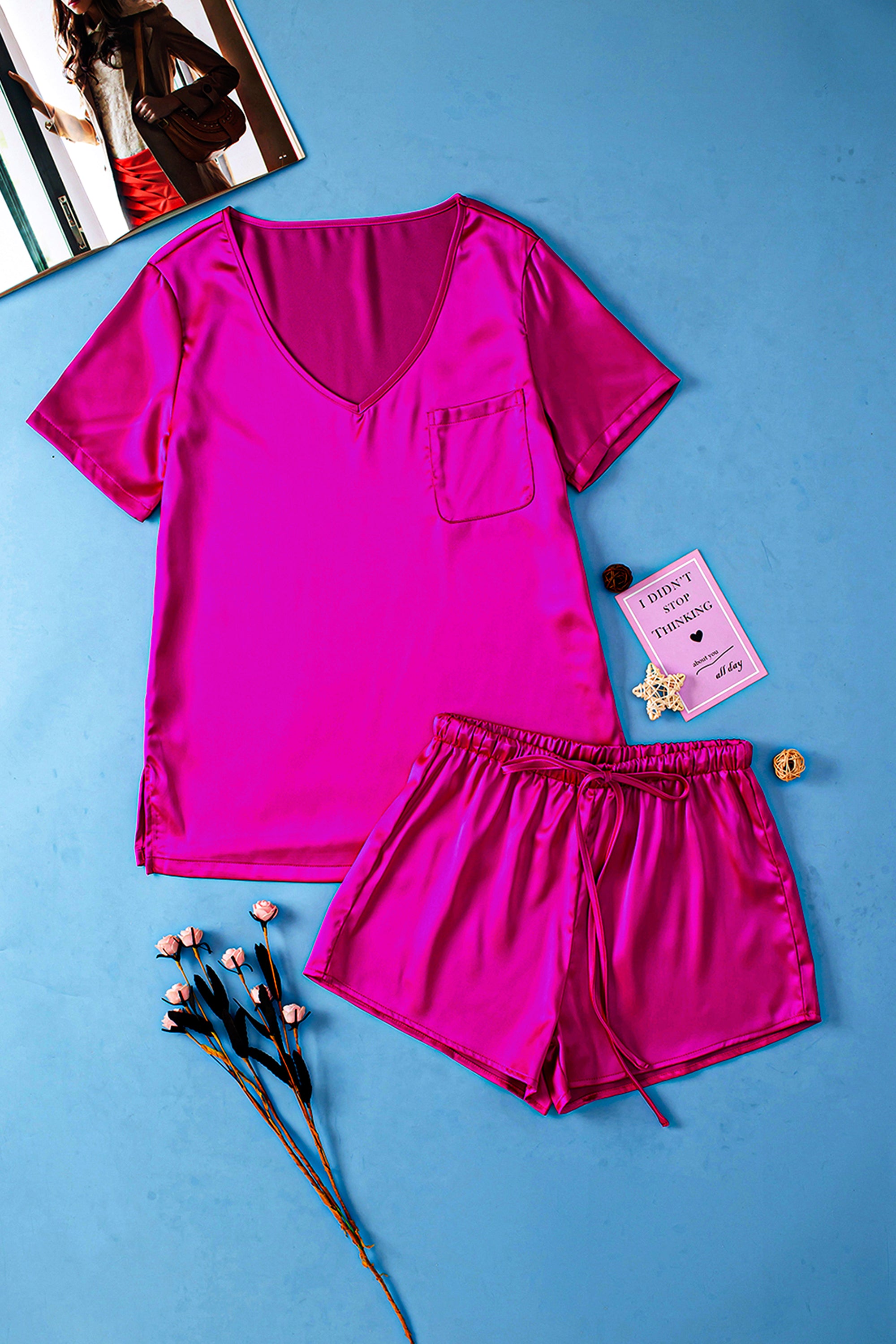 Bright Pink Satin Pajama Set