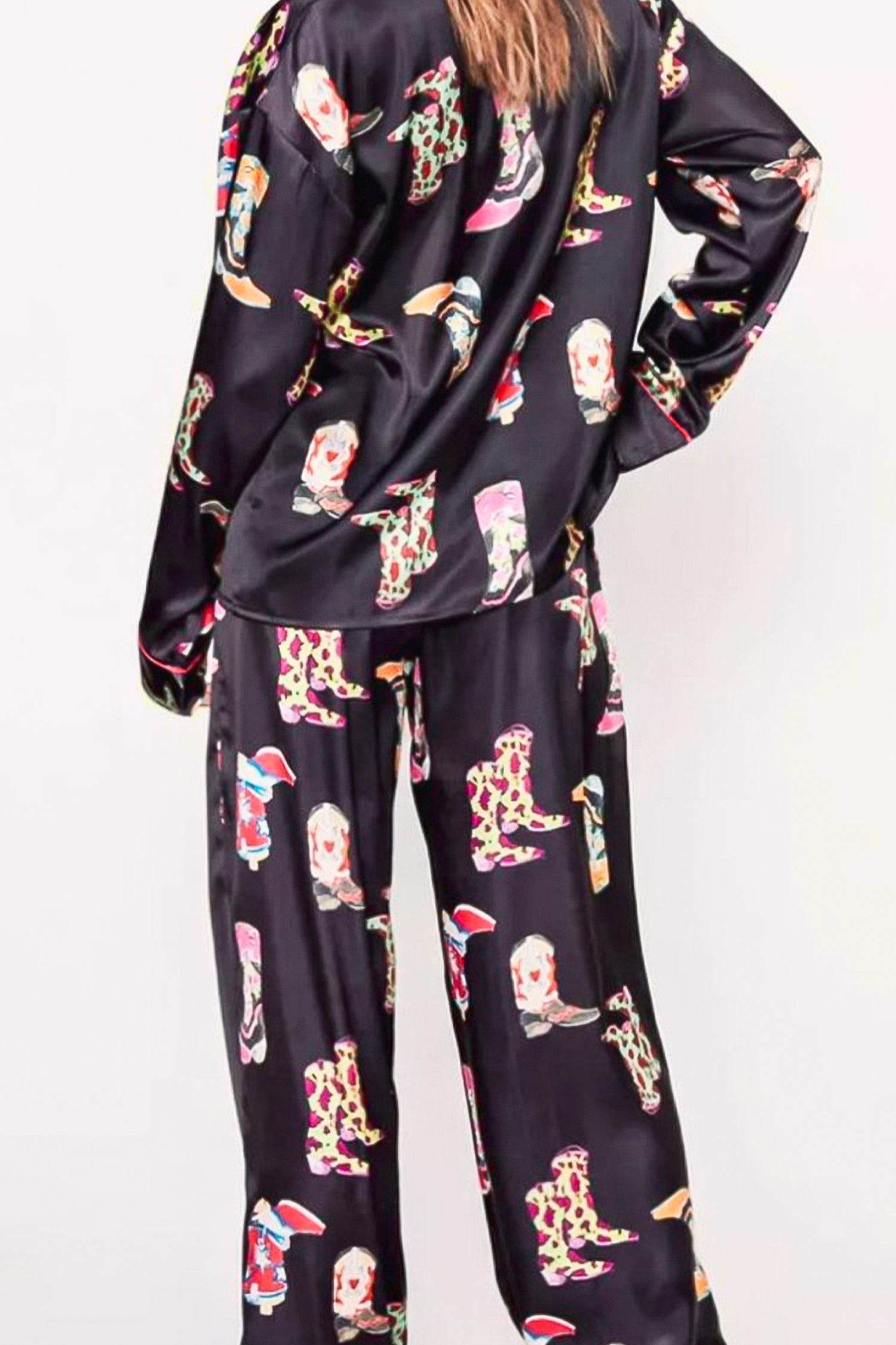 Black Printed Satin Pajama Set