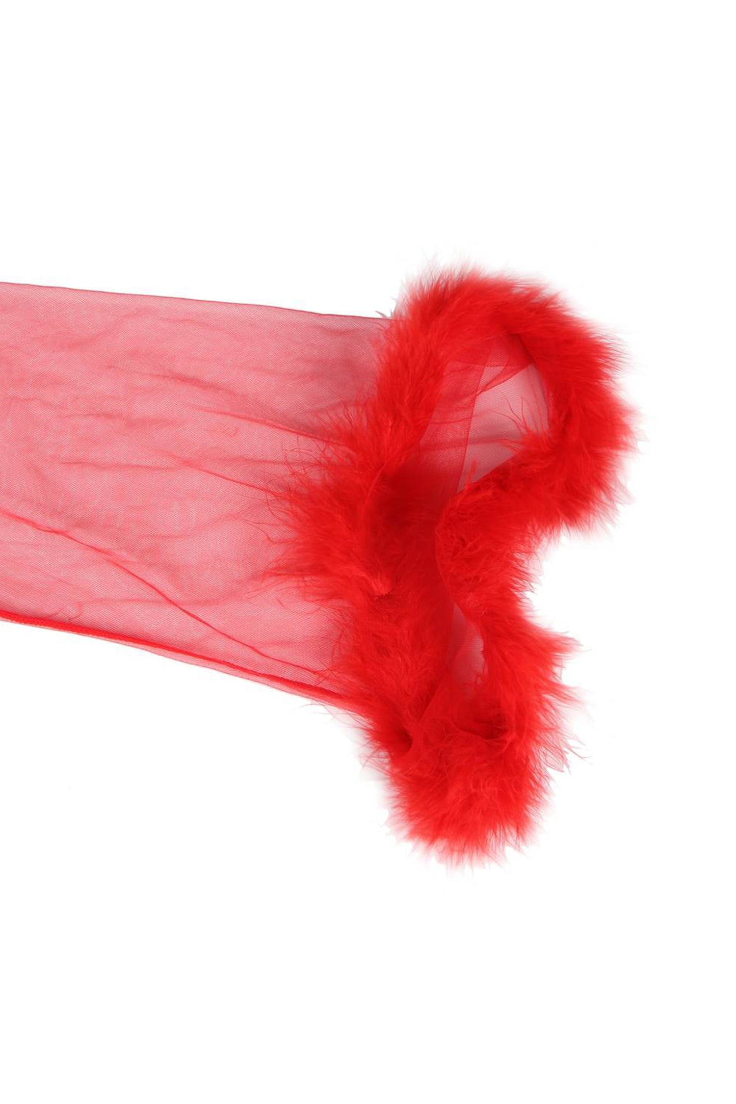 روب لانجري أحمر طويل شفاف مع فرو على الأكمام