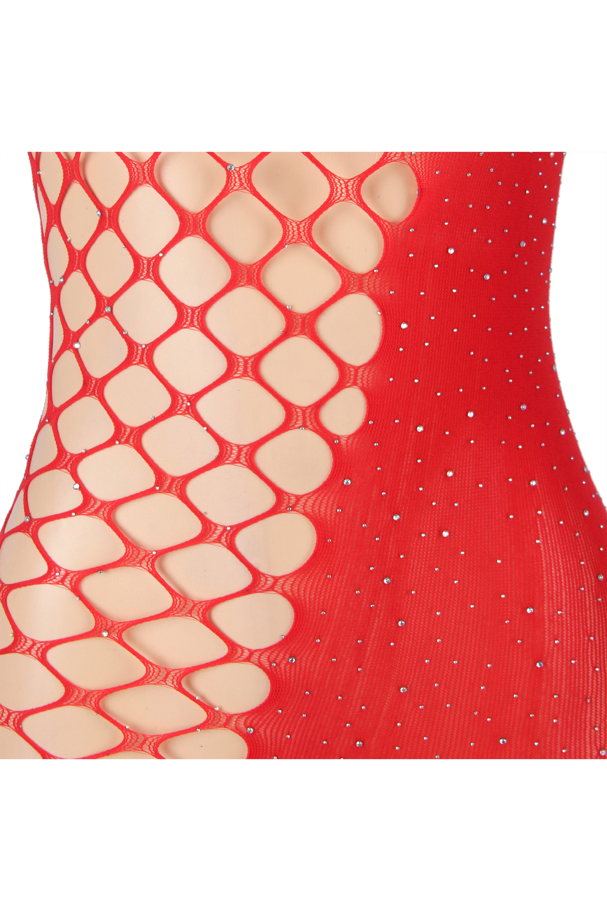 شبك نسائي أحمر تصميم فستان قصير كتف واحد، على قد الجسم، ومزين بالستراس