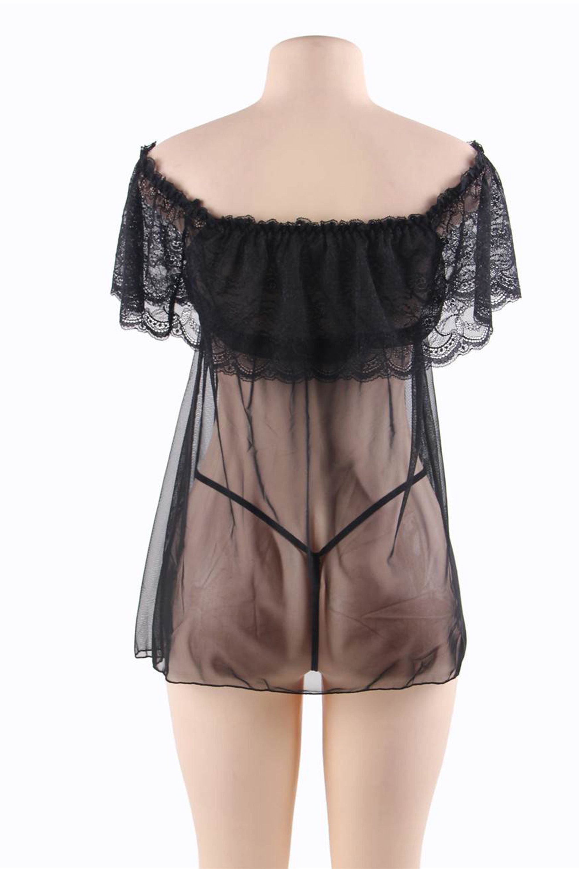 بيبي دول نسائي أسود مكشوف عند الأكتاف مصنوع من الدانتيل الفاخر والشيفون الحريري