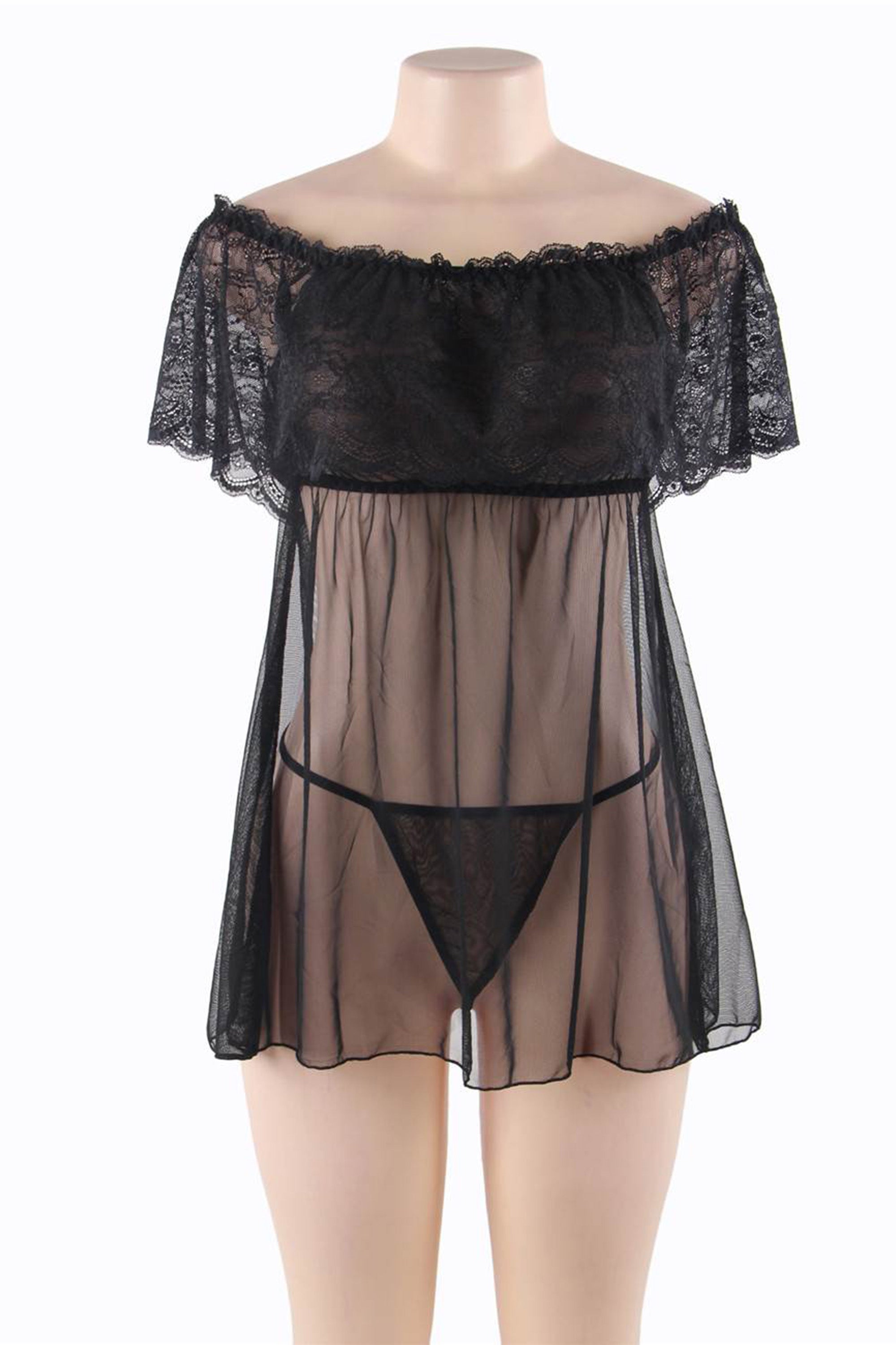 بيبي دول نسائي أسود مكشوف عند الأكتاف مصنوع من الدانتيل الفاخر والشيفون الحريري