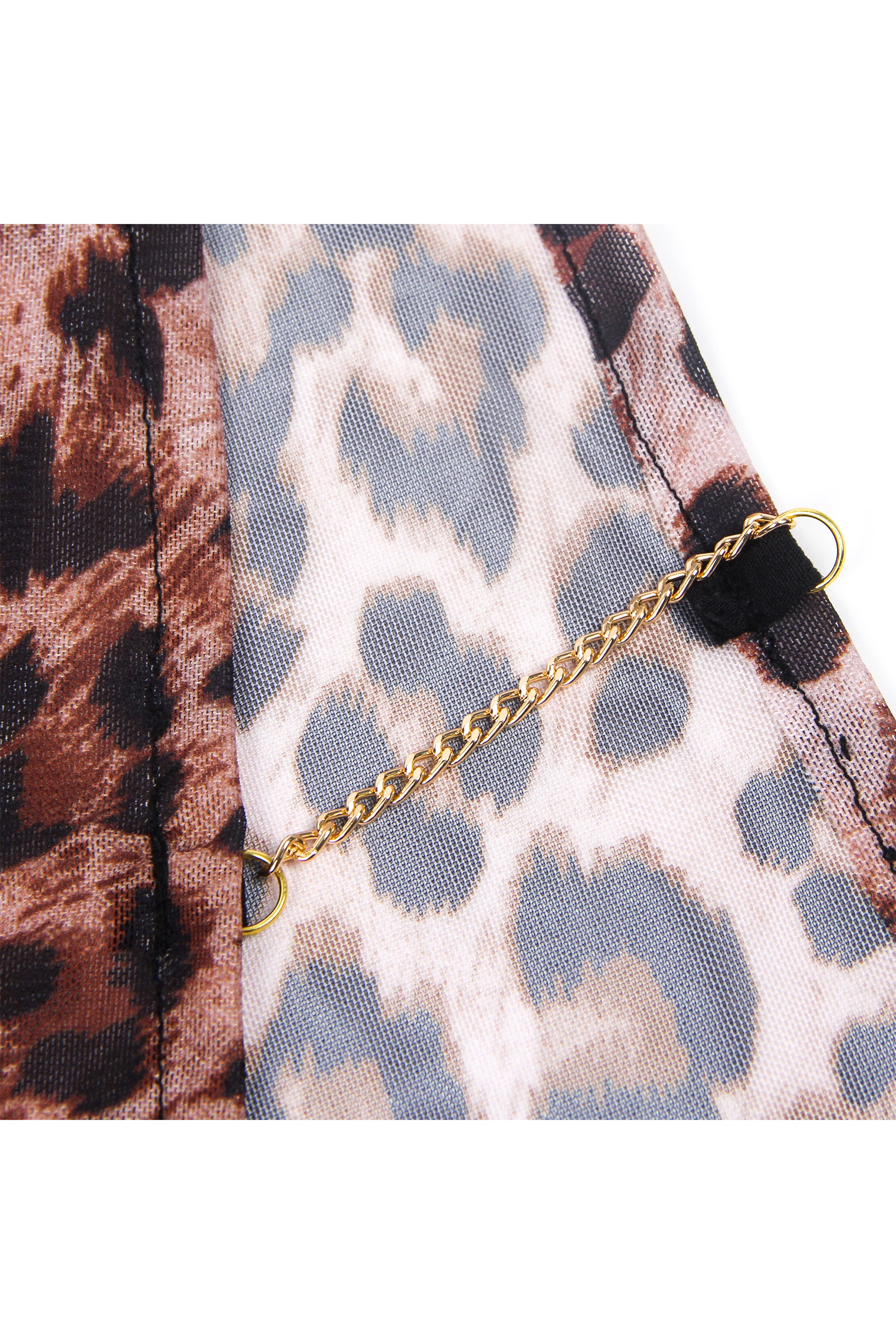 طقم بيبي دول لانجري نسائي دانتيل أسود مع شيفون نقشة تايغر مع سلاسل على الفتحات الجانبية