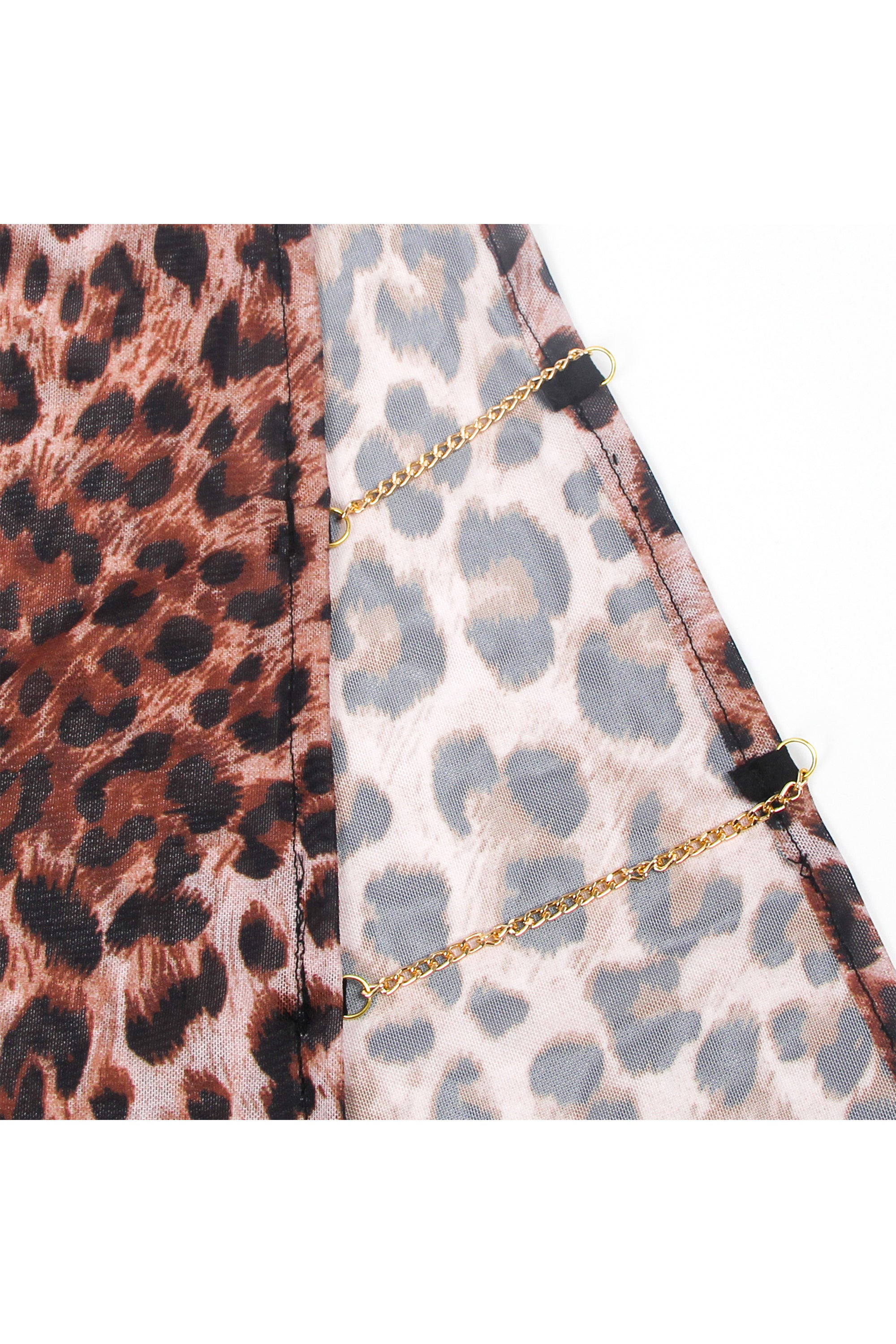 طقم بيبي دول لانجري نسائي دانتيل أسود مع شيفون نقشة تايغر مع سلاسل على الفتحات الجانبية