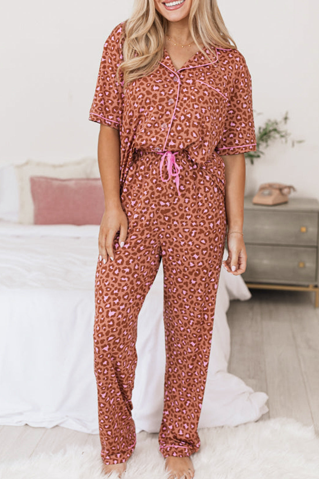 Leopard Print Short Sleeve Shirt and Pants Pajama Set