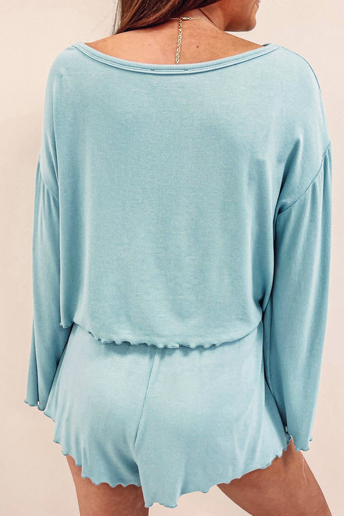 Long Sleeve Top & Shirred High Waist Shorts Pajama Set