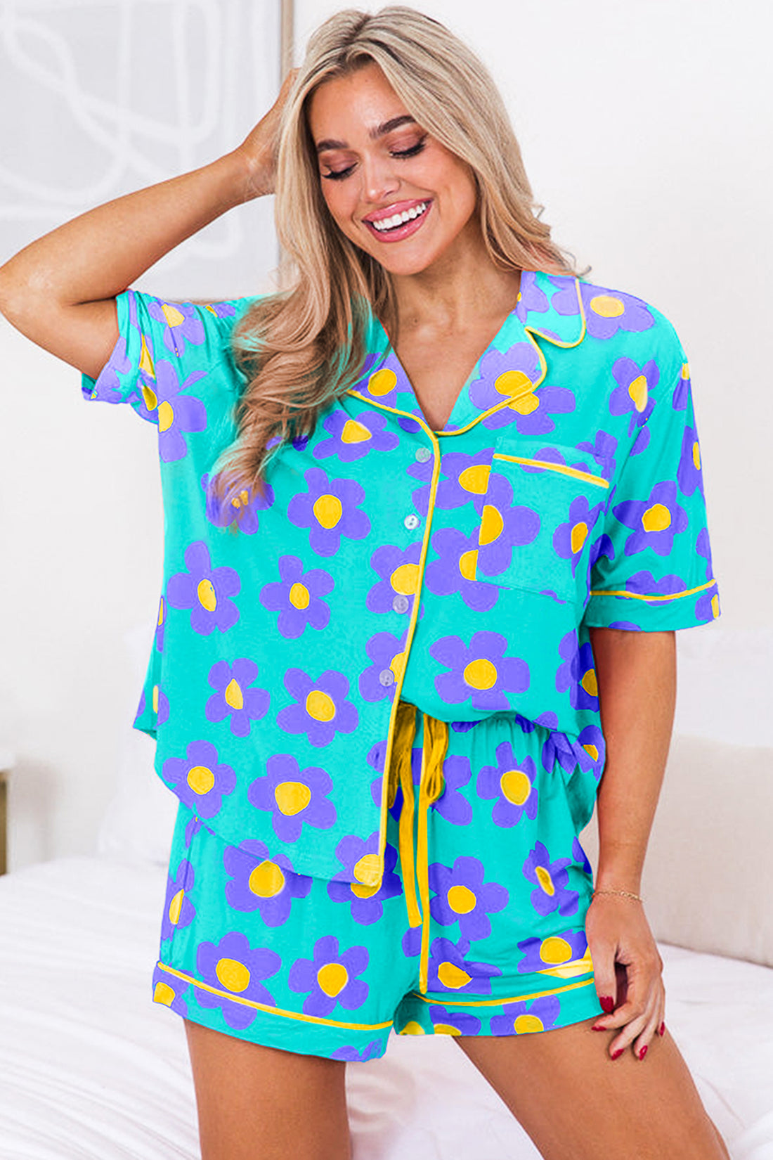 Turquoise Flower Print Short Sleeve Shirt and Shorts Pajama Set