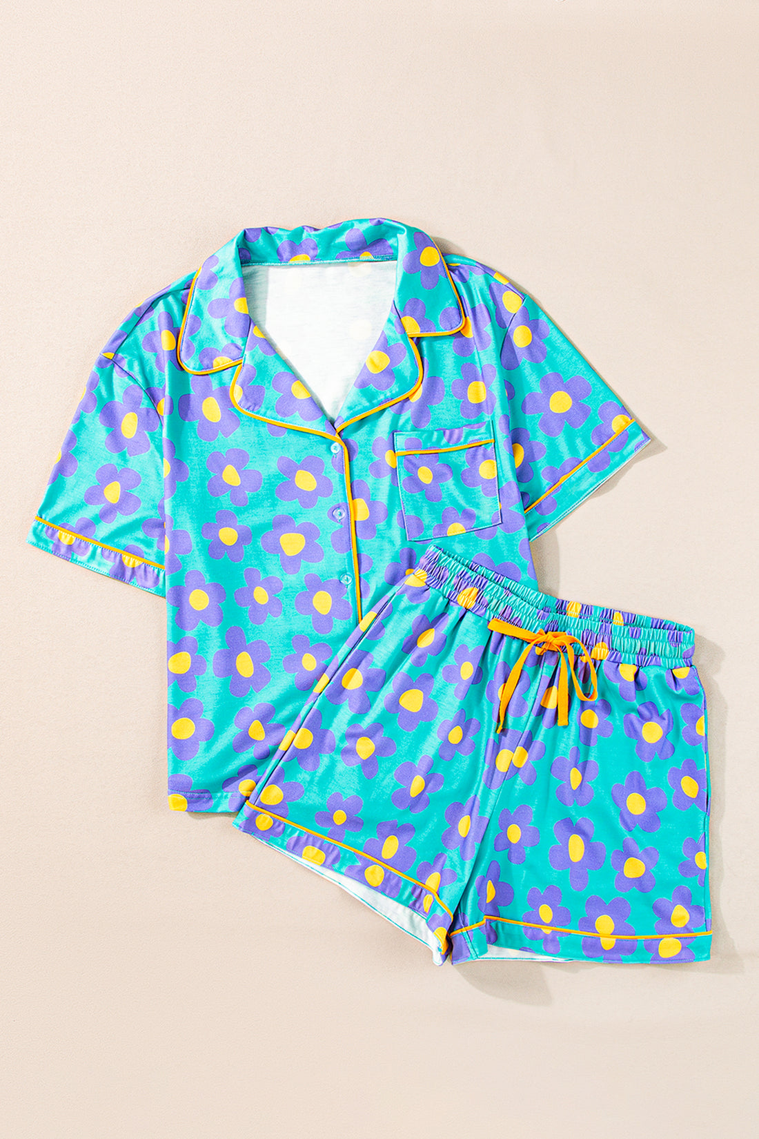 Turquoise Flower Print Short Sleeve Shirt and Shorts Pajama Set