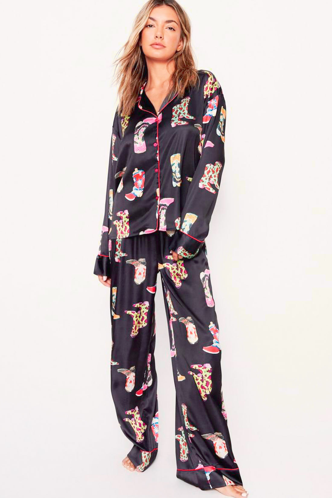 Black Printed Satin Pajama Set
